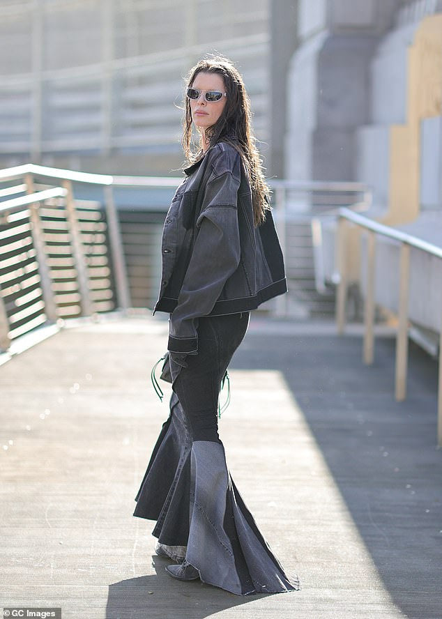 Julia Fox wearing sandasimona black denim skirt